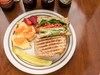 Eating Burger Gluten-Free Sandwich Salad Soup at Roman's Deli restaurant in Asheville, NC.